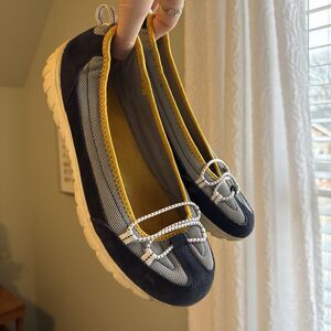 Y2K Sneakerians Sporty Ballet Flats Blue & Yellow Suede Canvas Slip-Ons Size 9